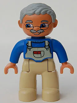 Figurine Duplo Lego Ville, homme, jambes beiges, haut bleu avec salopette blanche, cheveux gris clair bleuté (4213808)