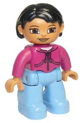 Duplo Figur Lego Ville, weiblich, mittelblaue Beine, magentafarbenes Oberteil, schwarze Haare, braune Augen (4667658)