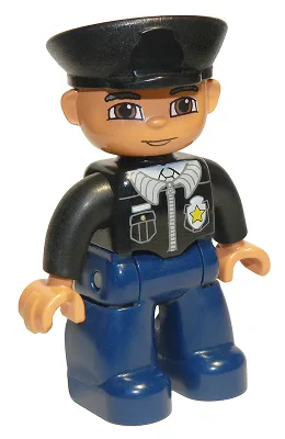 Duplo Figur Lego Ville, männlicher Polizist, schwarzer Hut, hellnougatfarbener Kopf und Hände, braune Augen, schwarzes Hemd mit Abzeichen, dunkelblaue Beine