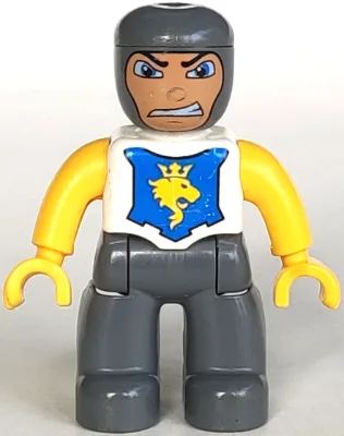 Duplo-figuur Lego Ville, mannelijk kasteel, donkerblauwgrijze benen, witte borst, gele armen, gele handen