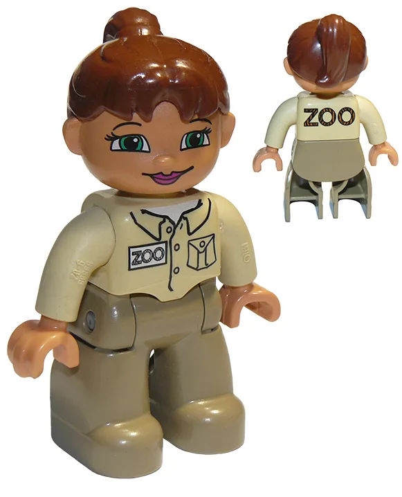 Duplo Figure Lego Ville, Female, Dark Tan Legs, Tan Top, Reddish Brown Ponytail Hair, Green Eyes (Zoo Keeper)