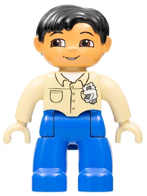 Duplo Figur Lego Ville, männlich, blaue Beine, hellbraunes Oberteil mit Knöpfen und Lappen in der Tasche, schwarze Haare, hellbraune Hände (Mechaniker)