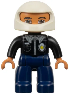 Figurine Duplo Lego Ville, policier (homme), jambes bleu foncé, haut noir avec insigne, bras noirs, casque blanc, sourcils gris bleu foncé, yeux brun rougeâtre