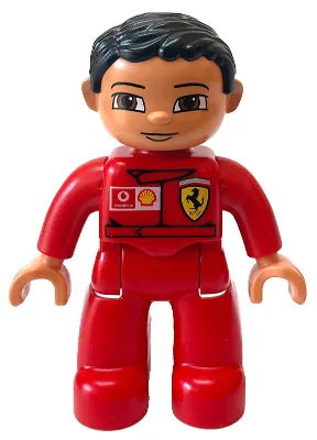 Duplo Figur Lego Ville, männlich, rote Beine, rotes Oberteil mit Ferrari-/Muschel-/Vodafone-Muster, schwarze Haare (4242617)