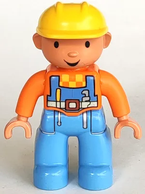 Duplo Figur Lego Ville, männlich, mittelblaue Beine, orangefarbenes Oberteil mit Latzhose, gelber Bauhelm (Bob der Baumeister)