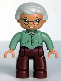 Duplo Figur Lego Ville, weiblich, dunkelrote Beine, sandgrüner Pullover, sehr hellgraues Haar, grüne Augen, Brille (4208136)