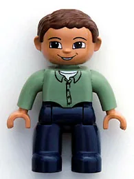 Duplo Figur Lego Ville, männlich, dunkelblaue Beine, sandgrünes Oberteil mit Knöpfen, rötlich-braunes Haar, braune Augen