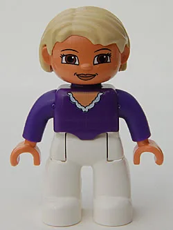 Figurine Duplo Lego Ville, Femme, Jambes blanches, Haut violet foncé, Cheveux blonds, Yeux marrons