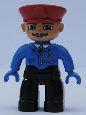 Figurine Duplo Lego Ville, Homme, Jambes noires, Veste bleue avec cravate, Chapeau rouge, Moustache bouclée (Chef de train)