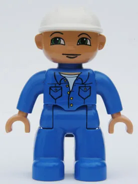 Duplo Figur Lego Ville, männlich, blaue Beine, blaues Oberteil mit Taschen, weißer Bauhelm, grüne Augen, Blick nach rechts
