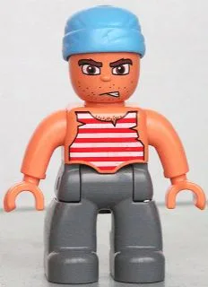 Duplo-figuur Lego Ville, mannelijke piraat, donkerblauwgrijze benen, rood-wit gestreept bovenstuk, middelblauwe stoffen omslag (piraat)