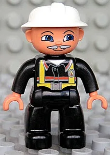 Duplo Figure Lego Ville, Male Fireman, Black Legs, Nougat Hands, White Helmet, Light Gray Moustache