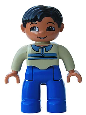 Duplo Figur Lego Ville, männlich, blaue Beine, beiger Pullover mit Knöpfen und Streifen, schwarze Haare, braune Augen, nougatfarbene Hände