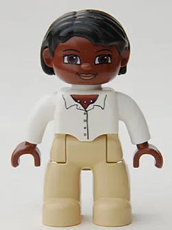 Duplo-figuurtje uit Legoville, vrouwelijk, bruine benen, witte top met knoopjes en ketting, zwart haar, bruin hoofd