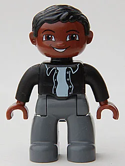 Duplo-figuurtje van Lego Ville, mannelijk, donkerblauwgrijze benen, zwart bovenstuk met knopen, zwart haar, bruin hoofd