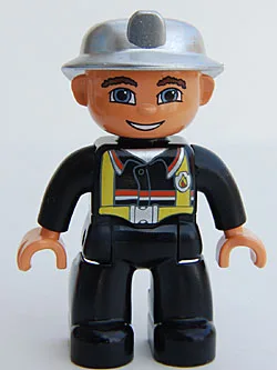 Figurine Duplo Lego Ville, pompier (homme), jambes noires, mains couleur nougat, casque argenté, yeux bleus (4558027)