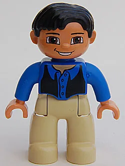 Duplo-Figur Lego Ville, männlich, hellbraune Beine, blaues Oberteil, schwarze Weste, schwarze Haare