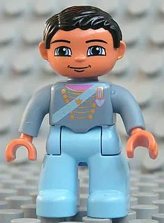 Figurine Duplo Lego Ville, homme, jambes bleu clair, haut bleu sable à bretelles, couronne dorée et cœur bleu moyen, cheveux noirs