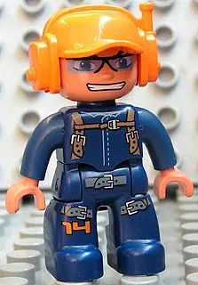 Duplo-figuurtje Lego Ville, mannelijk, donkerblauwe benen en jumpsuit met bandjes, oranje pet met headset