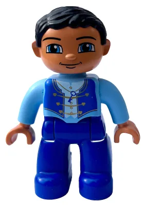 Duplo-figuurtje Lego Ville, mannelijk, donker koningsblauwe benen, fel lichtblauw bovenstuk met bandjes en sleutelhanger, nougatkleurige handen, zwart haar