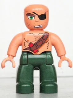 Duplo Figur Lego Ville, männlicher Pirat, dunkelgrüne Beine, nougatfarbenes Oberteil mit Riemen und Dynamit, Glatze, Augenklappe