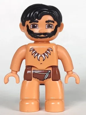 Duplo Figur Lego Ville, männlich, nougatfarbene Beine, rötlich-braune Hüften, schwarze Haare, Halskette aus Tierzahn/Klaue, schwarzer Bart (Höhlenmensch)