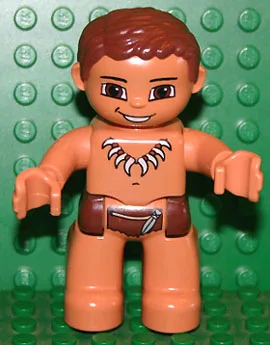 Duplo Figur Lego Ville, männlich, nougatfarbene Beine, rötlich-braune Hüften, rötlich-braunes Haar, Halskette aus Tierzahn/Klaue (Höhlenmensch)