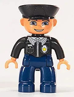 Duplo Figur Lego Ville, männlicher Polizist, dunkelblaue Beine, schwarzes Oberteil mit Abzeichen, schwarze Arme, schwarzer Hut, blaue Augen