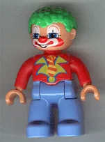 Duplo-Figur Lego Ville, männlicher Clown, mittelblaue Beine, rotes Oberteil, grüne Haare