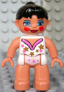 Duplo Figur Lego Ville, Seiltänzerin, hellnougatfarbene Beine, weißes Oberteil mit Sternen, schwarzer Pferdeschwanz, blaue Augen