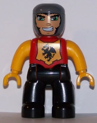 Duplo-figuurtje Lego Ville, mannelijk kasteel, zwarte benen, rode borst met drakenembleem, feloranje armen en handen, linkshandige glimlach