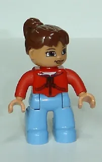 Duplo-figuur Lego Ville, vrouwelijk, middelgrote blauwe benen, rode jas met zwarte rits en zakken, roodbruin haar in een paardenstaart (4598306)
