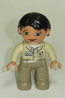 Figurine Duplo Lego Ville, Femme, Jambes beige foncé, Haut beige, Cheveux noirs (Gardienne de zoo)