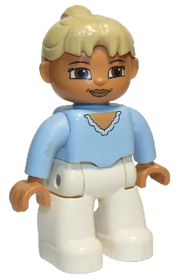Duplo Figur Lego Ville, weiblich, weiße Beine, hellblaues Oberteil, hellbrauner Pferdeschwanz, braune Augen