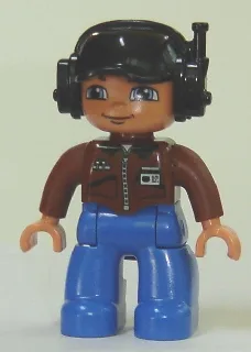 Duplo-figuurtje Lego Ville, mannelijk, blauwe benen, bruin shirt met ID-badge, zwarte pet met headset