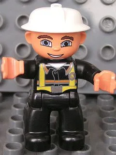 Figurine Duplo Lego Ville, pompier (homme), jambes noires, mains couleur nougat, casque blanc, yeux bleus
