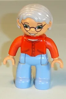 Duplo-Figur Lego Ville, weiblich, mittelblaue Beine, roter Pullover, sehr hellgraues Haar, blaue Augen, Brille