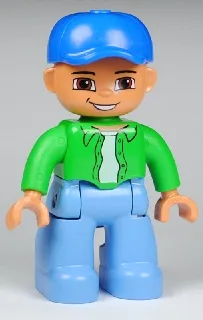 Figurine Duplo Lego Ville, Homme, Jambes bleues moyennes, Haut vert vif avec sous-vêtement blanc, Casquette bleue (4596029)