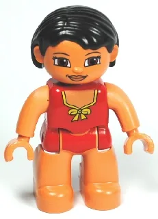 Figurine Duplo Lego Ville, Femme, Maillot de bain rouge avec nœud jaune, Cheveux noirs