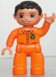 Figurine Duplo Lego Ville, homme, jambes orange, mains couleur nougat, haut orange avec logo Recycle, cheveux noirs, yeux marrons