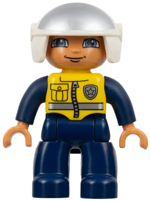 Duplo Figure Lego Ville, Male Police, Dark Blue Legs and Jumpsuit with Yellow Vest, White Helmet