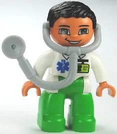 Lego Ville Duplo-Figur, Sanitäter (männlich), hellgrüne Beine, weißes Oberteil mit Ausweis und Rettungssanitäter-Symbol, Stethoskop