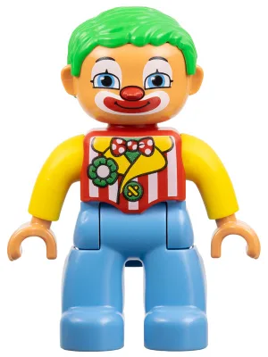 Duplo-Figur Lego Ville, männlicher Clown, mittelblaue Beine, gestreifte Jacke, Fliege, grüne Haare