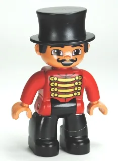 Duplo Figur Lego Ville, männlicher Zirkusdirektor, schwarze Beine, rotes Oberteil mit Goldborte, Zylinder, braune Augen (6023824)