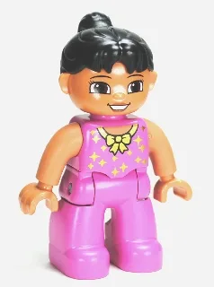 Duplo Figur Lego Ville, Seiltänzerin, dunkelrosa Beine und Oberteil mit goldener Schleife und Sternen, schwarzer Pferdeschwanz, braune Augen