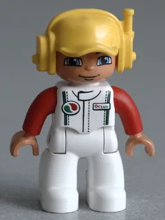 Duplo Figur Lego Ville, männlich, weiße Beine, weißes Rennshirt mit Octan-Logo, gelbe Kappe mit Headset