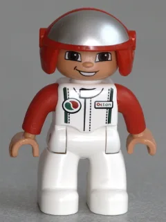 Duplo Figur Lego Ville, männlich, weiße Beine, weißes Rennoberteil mit Octan-Logo, roter Helm