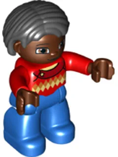 Duplo Figure Lego Ville, Female, Blue Legs, Red Argyle Sweater, Red Arms, Brown Head, Black Hair