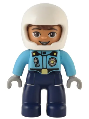 Duplo Figure Lego Ville, Male Police, Dark Blue Legs, Medium Azure Top with Badge and Zipper, White Helmet (6374643)