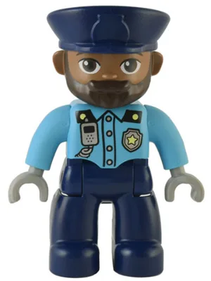 Duplo Figure Lego Ville, Male Police, Dark Blue Legs, Medium Azure Top with Silver Badge and Radio, Dark Blue Hat (6374803)